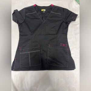 Wonder Flex Black Scrub Top with Pink Accents Size Small